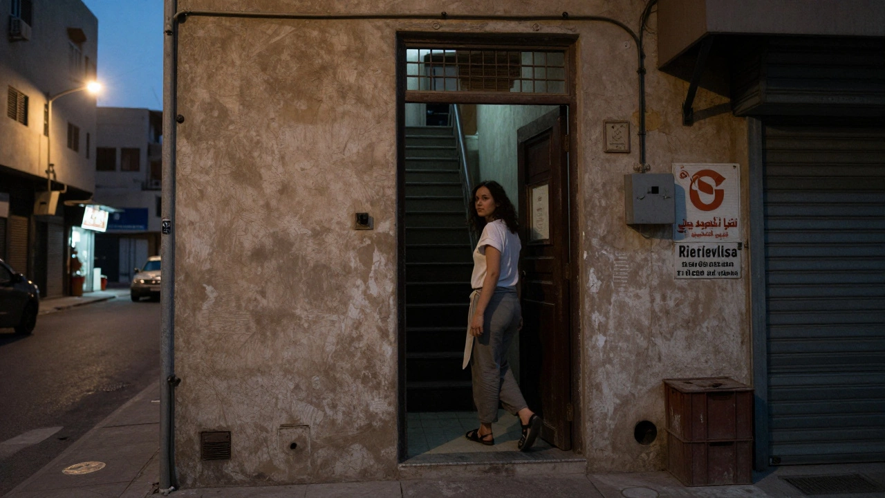 A woman exiting a modest apartment in Deira at dusk, shadows stretching across the narrow stairwell.