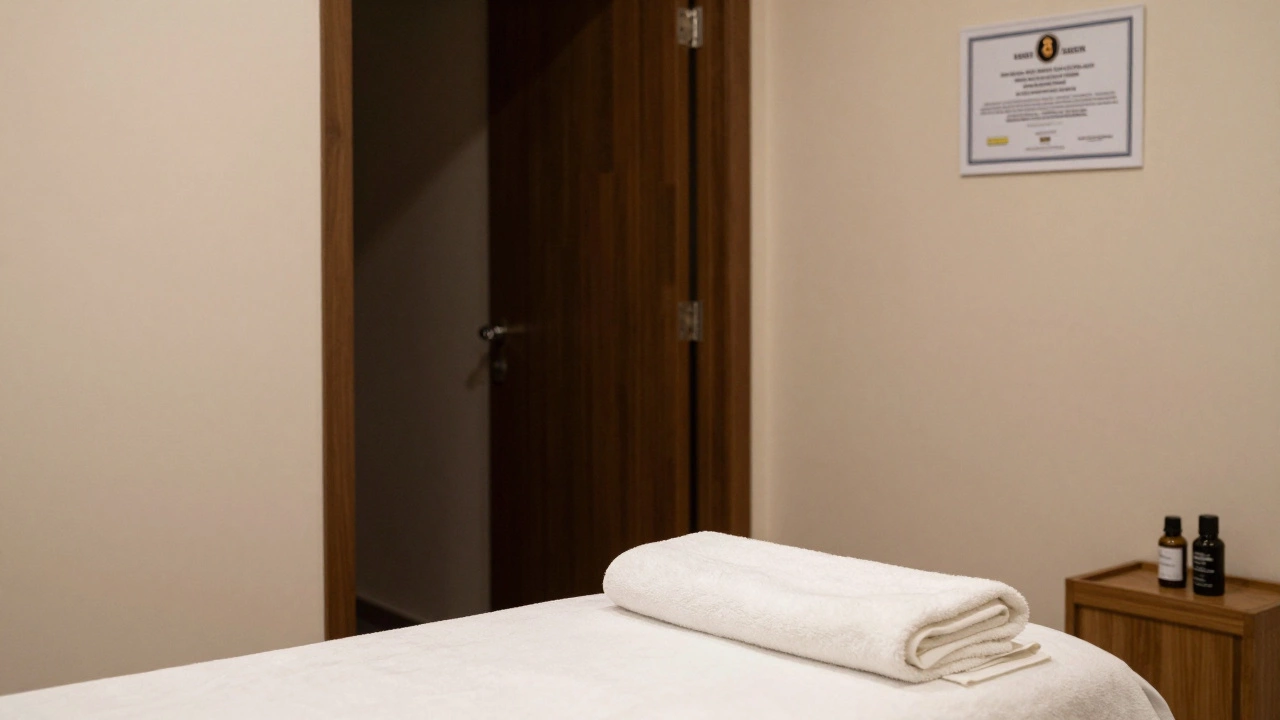 An empty massage room with a folded towel and licensed therapist certificate on display, door slightly open.
