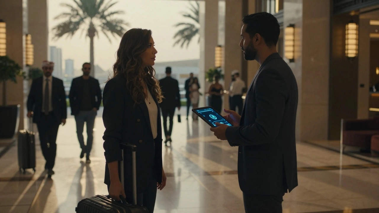 Two people exchanging a discreet glance in a luxurious Dubai hotel lobby at dusk.